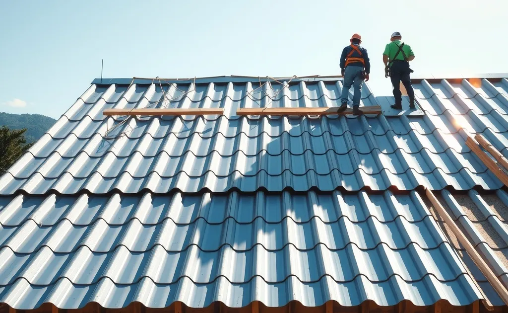 Instalación de cubierta metálica y termoacústica en el techo de una vivienda en Colombia con equipo de seguridad