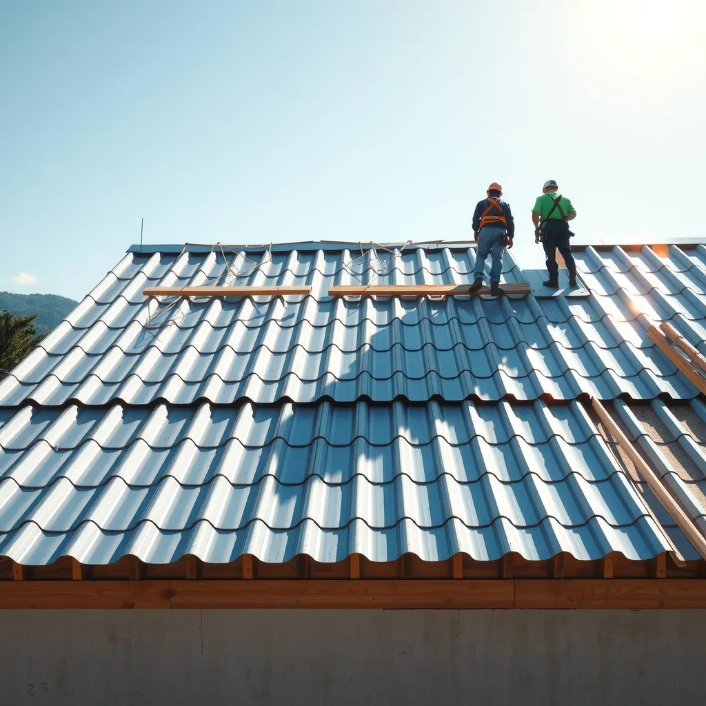 Instalación de cubierta metálica y termoacústica en el techo de una vivienda en Colombia con equipo de seguridad