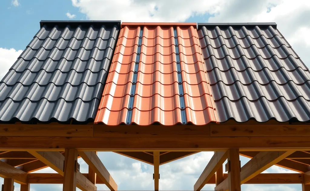 Comparativa de perfiles de tejas metálicas: trapezoidal, colonial y standing seam instaladas sobre estructura de madera