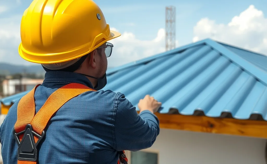 Maestro de obra midiendo lámina de teja metálica prepintada para techo en construcción en Bogotá