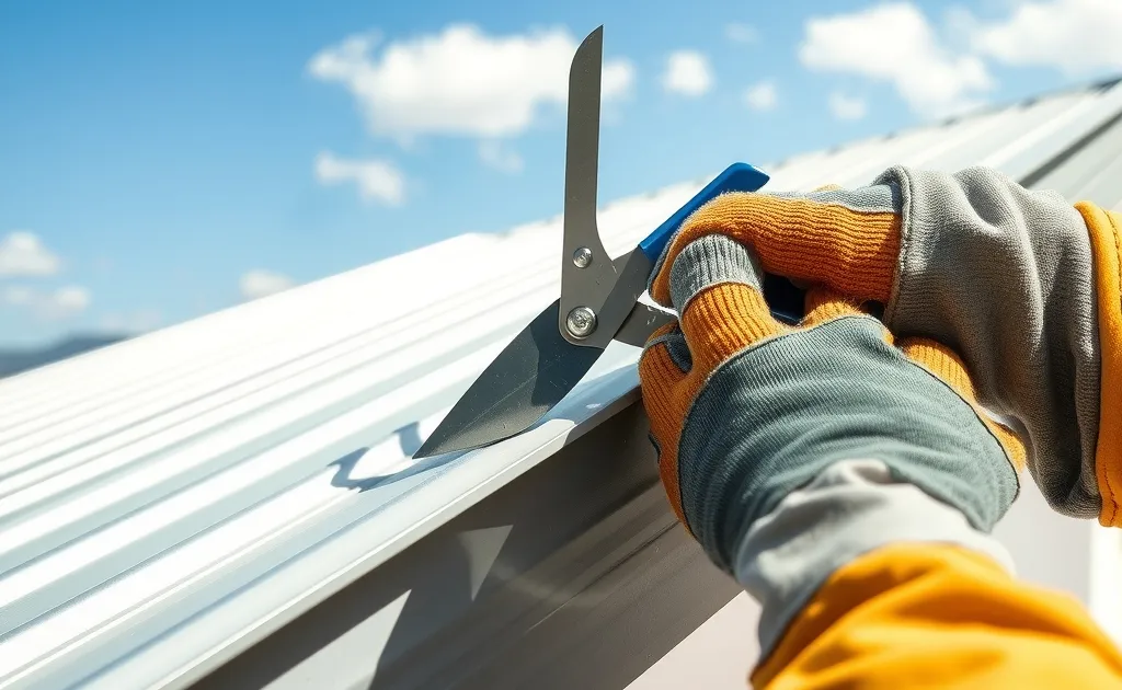 Maestro de obra cortando teja aluzinc trapezoidal en frío con tijeras para metal en una cubierta en Colombia