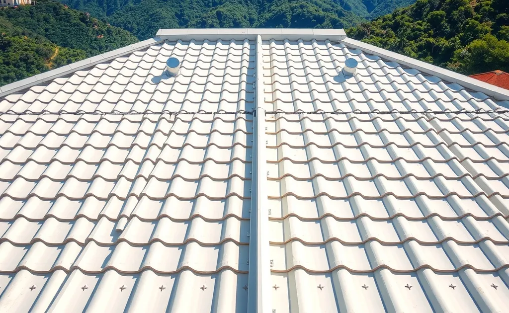 Techo de teja metálica blanca con cumbrera ventilada en vivienda campestre en Colombia