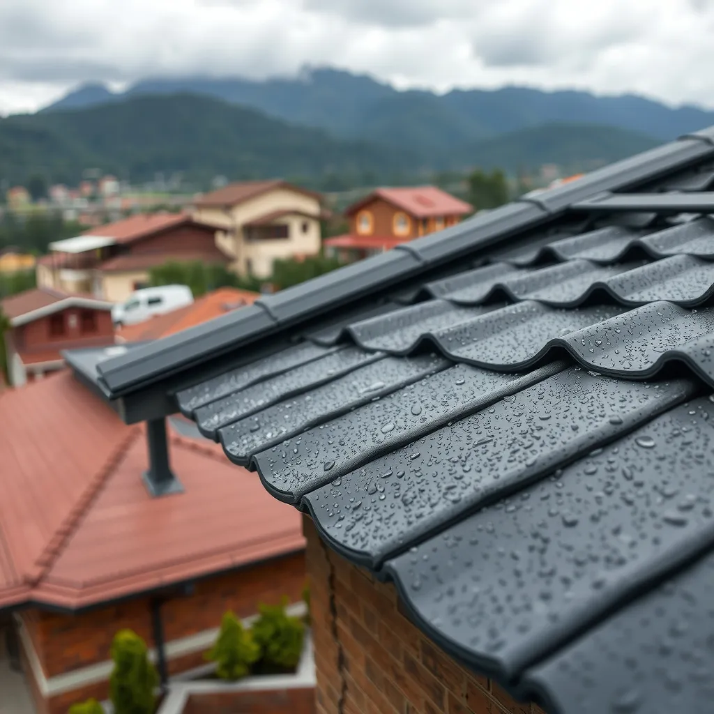 Teja metálica gravillada bajo la lluvia en un techo residencial de Bogotá