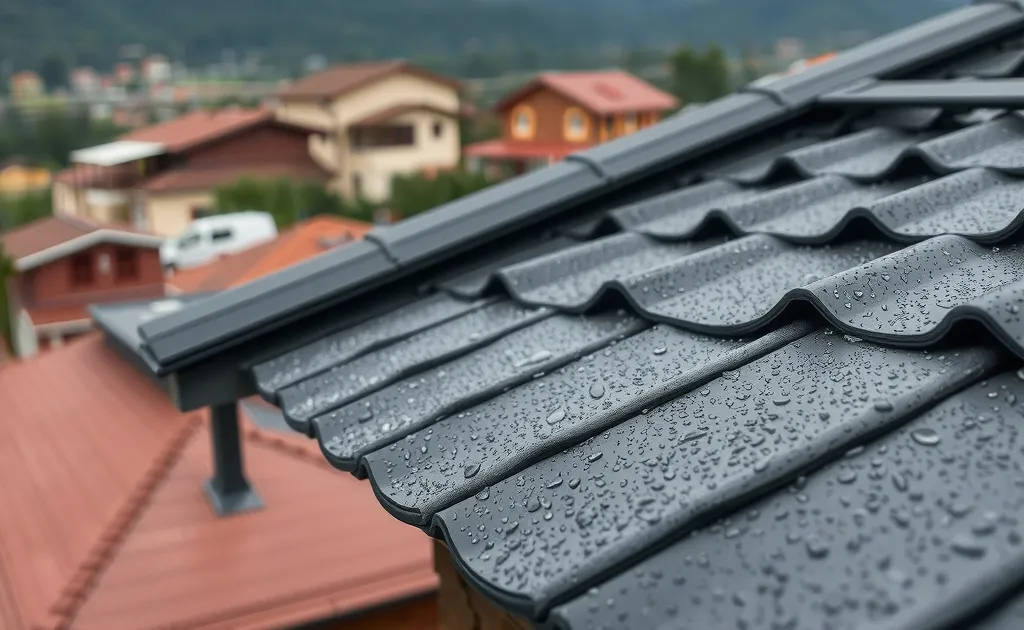 Teja metálica gravillada bajo la lluvia en un techo residencial de Bogotá