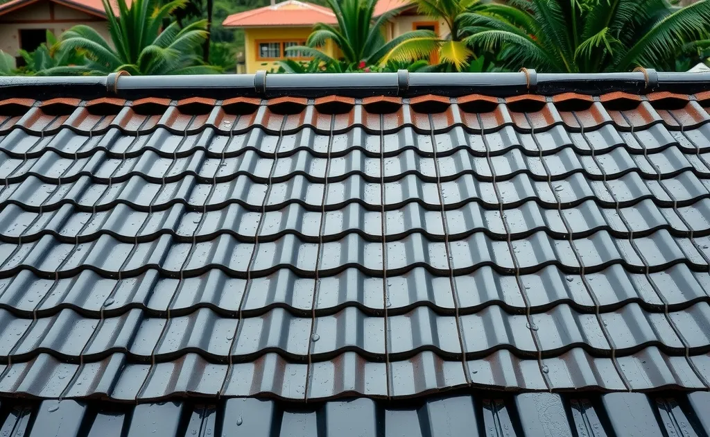 Cubierta de vivienda con tejas termoacústicas de UPVC instaladas bajo lluvia ligera en Colombia