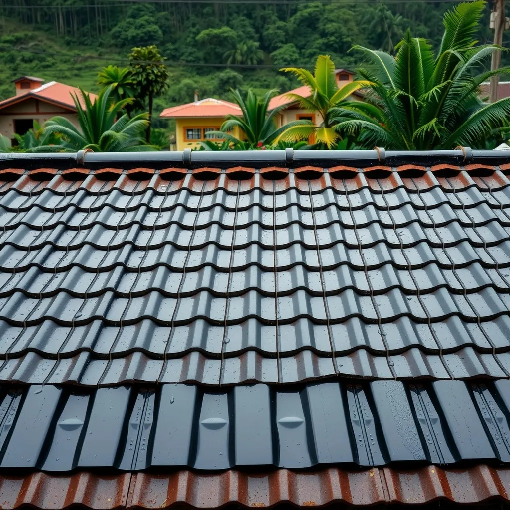Cubierta de vivienda con tejas termoacústicas de UPVC instaladas bajo lluvia ligera en Colombia
